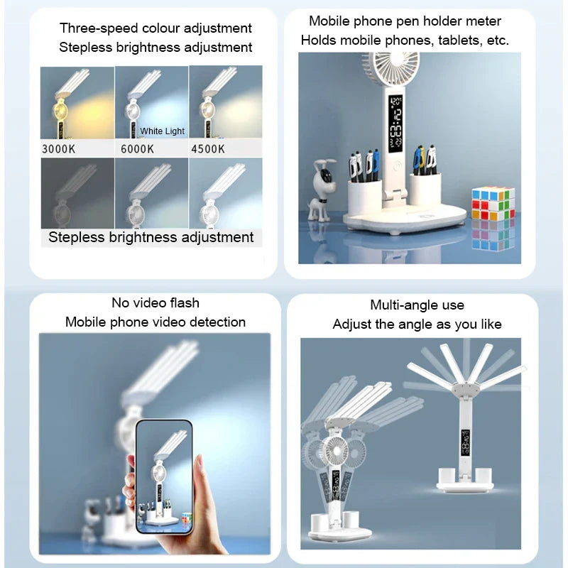 Rechargeable Desk Lamp LED With Fan And Clock Display Study Light Back To School 2025 Portable Adjustable Brightness