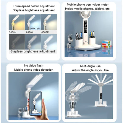 Rechargeable Desk Lamp LED With Fan And Clock Display Study Light Back To School 2025 Portable Adjustable Brightness