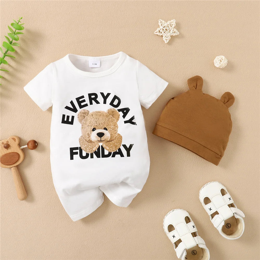 Focus on the neckline and sleeve features of the baby boys panda bear short sleeve romper and hat set