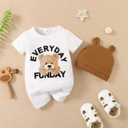 Focus on the neckline and sleeve features of the baby boys panda bear short sleeve romper and hat set