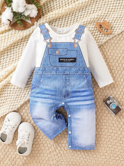 Baby boys long-sleeve romper featuring a faux denim overalls print