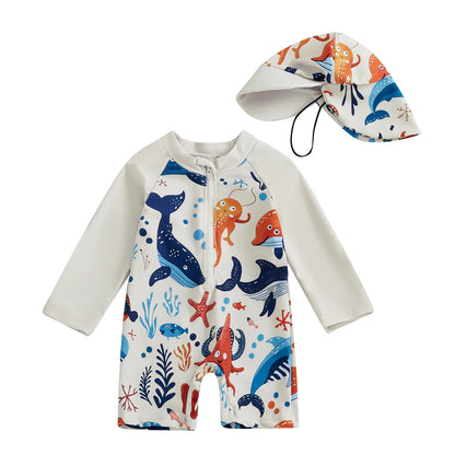 Additional gallery view 11 of boys shark print long sleeve rash guard swimwear set