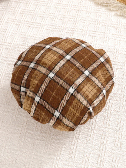 Back view of baby boys plaid jumpsuit with bow tie & beret