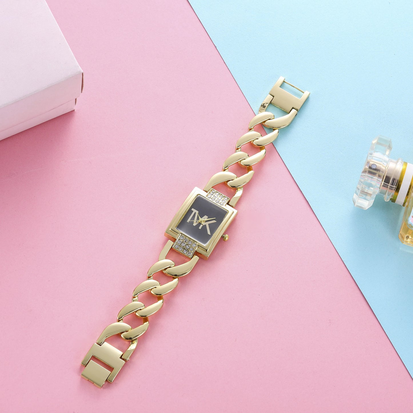 Women's Watch Gold Tone Square Dial, Elegant Alloy Band With Crystal Accents, Summer 2026 Gift