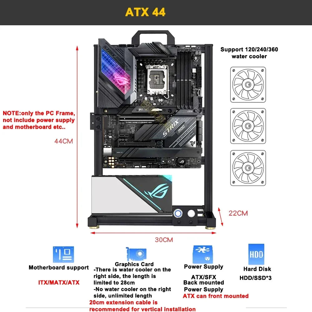 Open Frame Aluminum PC Case Rack EATX Water Cooling