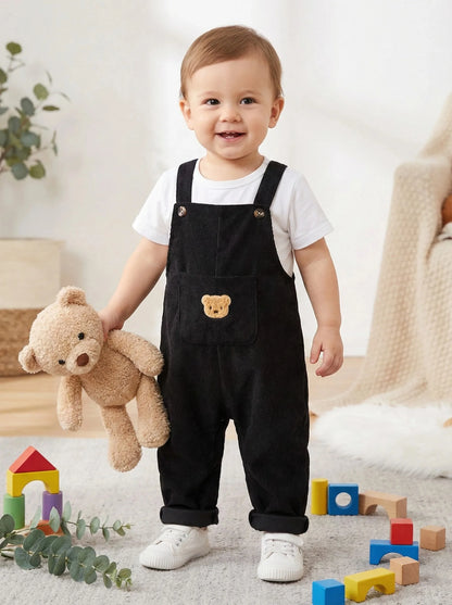 Back view of baby corduroy warm fluffy winter overalls