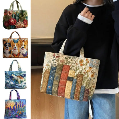 Durable Timeless Women's Tote Bag – Quilted, 3D Floral Embroidery, Cotton, Everyday Use