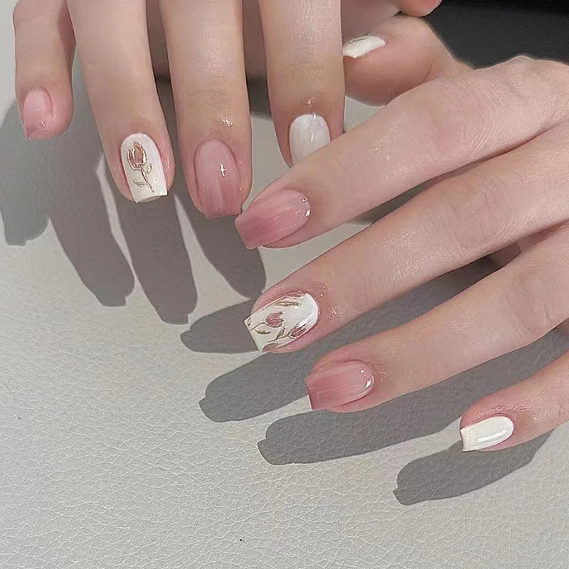 Press On Nails Short Square White Minimalist False Nail Tips Set Spring 2026 Reusable