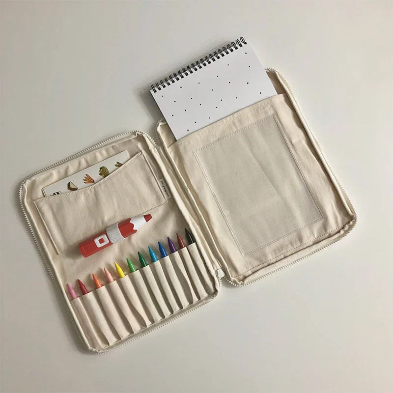 Pencil Case Canvas Kids Stationery Organizer Bag Desk Crayon Holder Back To School 2025 Portable Tidy Workspace
