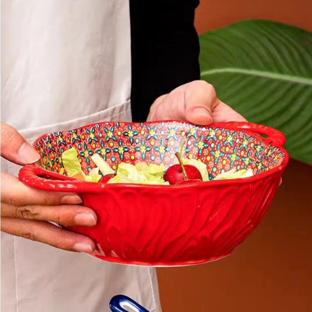 Ceramic Soup Bowl Bohemian Handle Embossed Microwave