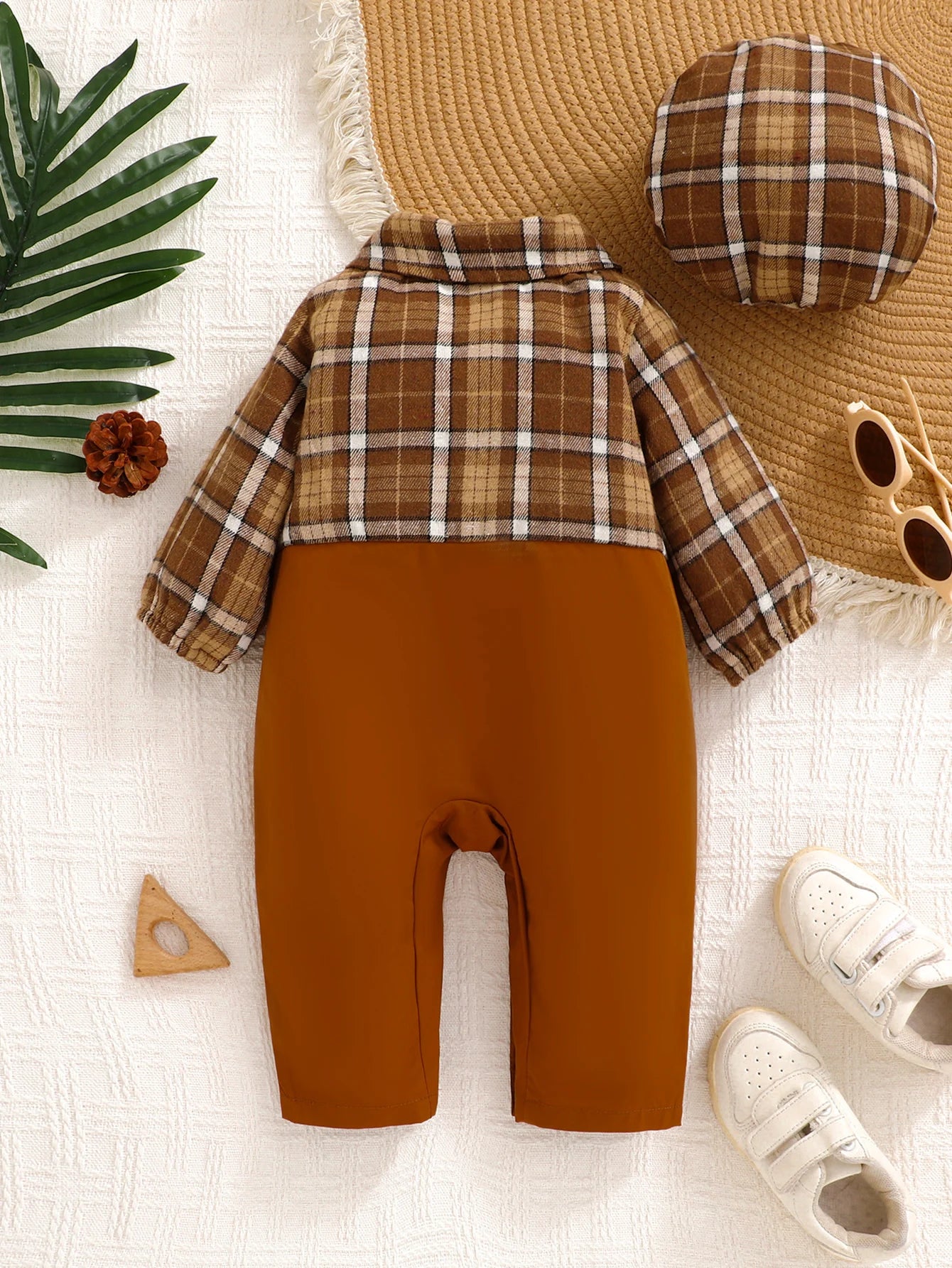 Side view of baby boys plaid jumpsuit with bow tie & beret