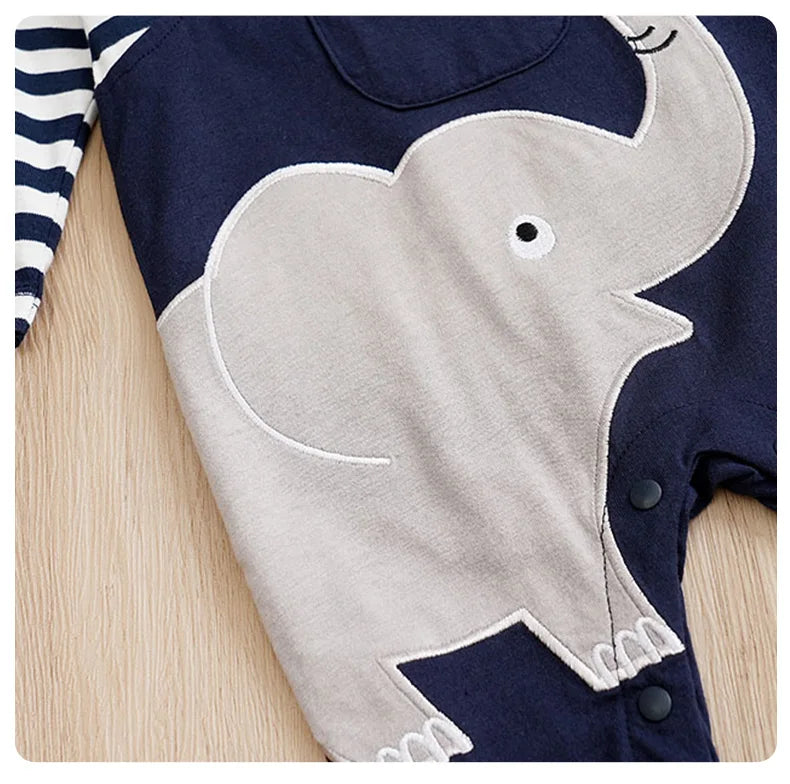 Styling option and alternate perspective of the baby striped elephant and giraffe print romper