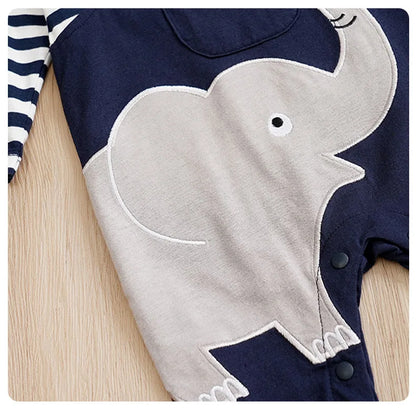 Styling option and alternate perspective of the baby striped elephant and giraffe print romper