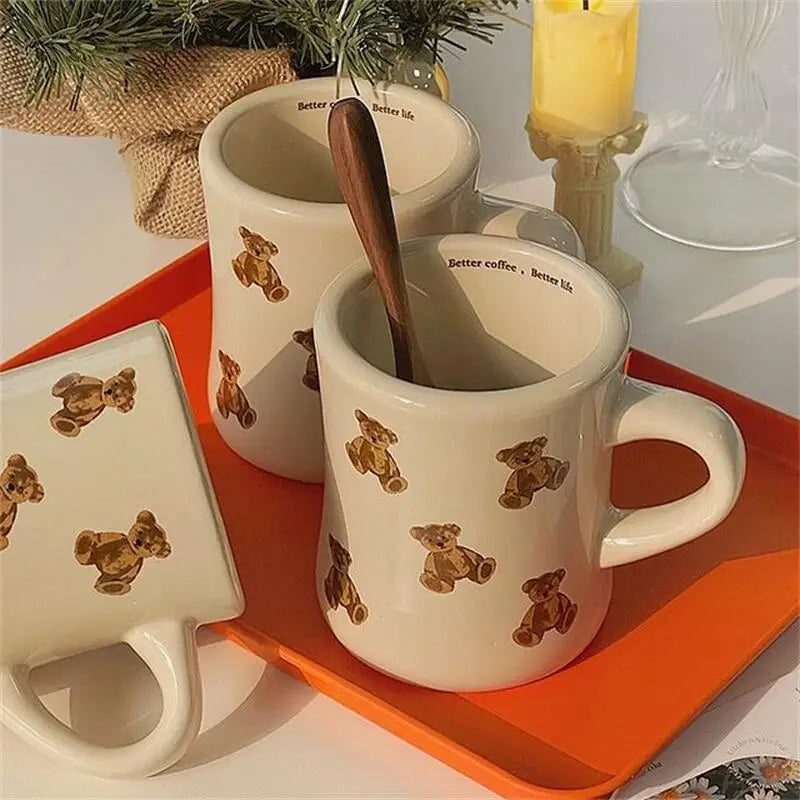 Ceramic Mug Cream Teddy Bear Print Coffee Cup With Handle Korean Cute Breakfast Mug Fall 2025 Cute Gift Easy Grip