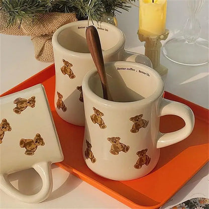 Ceramic Mug Cream Teddy Bear Print Coffee Cup With Handle Korean Cute Breakfast Mug Fall 2025 Cute Gift Easy Grip