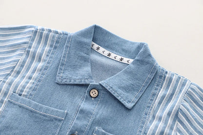 Design features and details on the boys striped shirt and denim shorts set - view 4