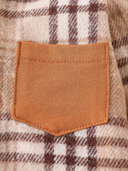 Fabric and texture detail of baby boys vintage plaid hooded outfit set