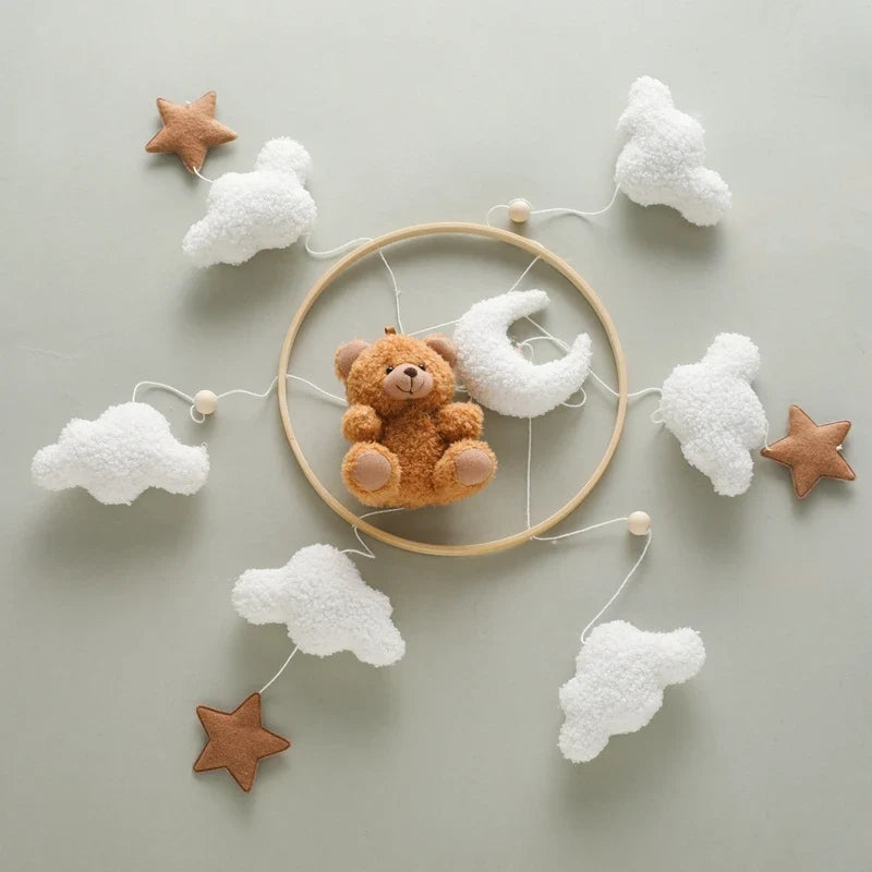 Wooden Crib Mobile Felt Bear Musical Newborn Sensory Toys