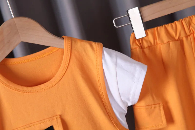 Side view of boys summer casual t-shirt & shorts set