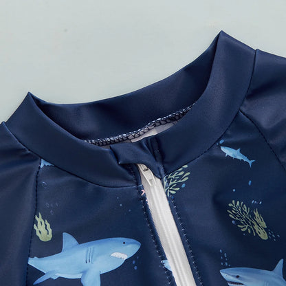 Additional gallery view 9 of boys shark print long sleeve rash guard swimwear set