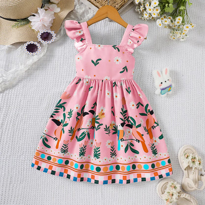 Close up highlighting the hem and stitching on the girls botanical print flutter sleeve dress
