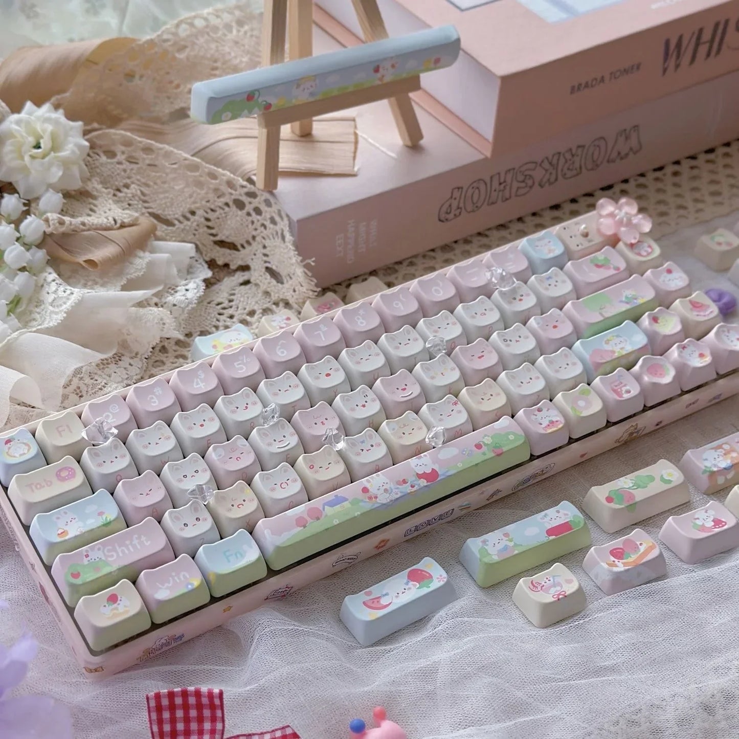 Keycaps PBT Cat Keycap Set Alice Layout 2.25U 2.75U Pastel Mechanical Keyboard TikTok Viral Fall 2025 Cute Desk Gift