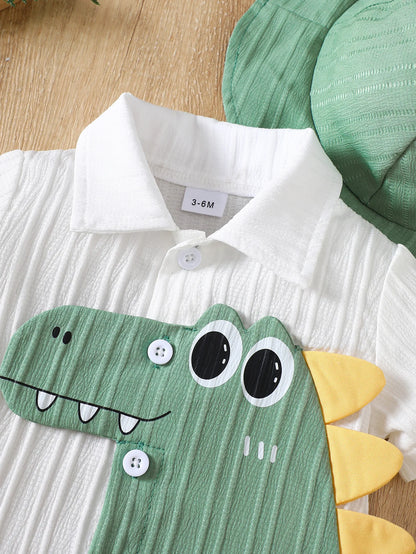 Back view of baby boys dinosaur summer outfit & sun hat
