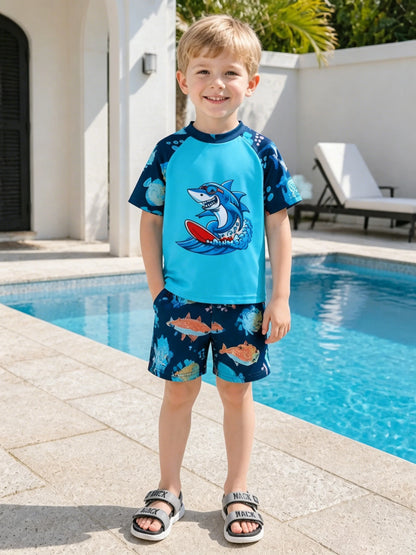 Alternative angle of boys shark print short sleeve swimwear set