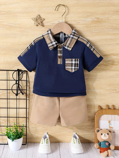 Baby boys plaid collared short sleeve top and casual shorts set