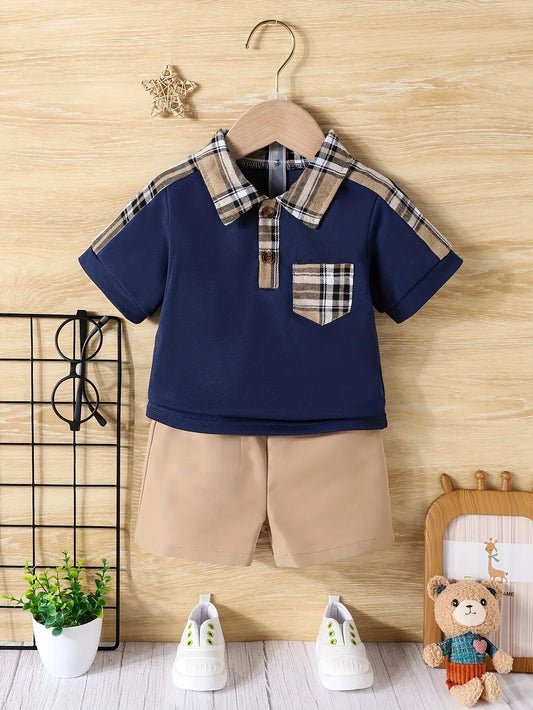 Baby boys plaid collared short sleeve top and casual shorts set