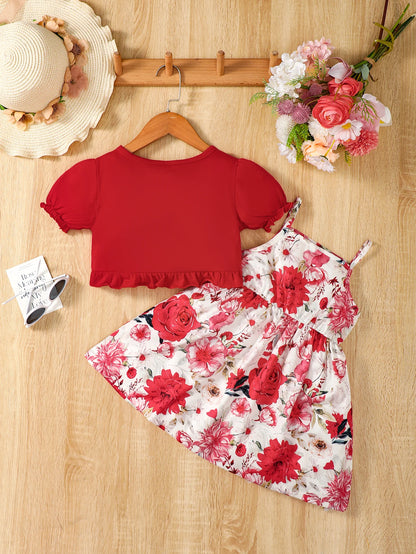 Girl wearing a puff sleeve top and a floral skirt with suspender straps