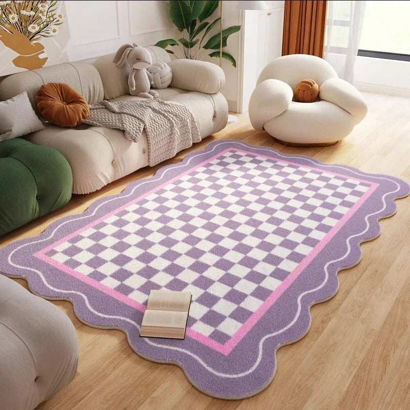 Plush Rug Checkered Scalloped Area Rug, Kids Bedroom Living Room Accent Fall 2025 Cozy Fluffy Machine Washable