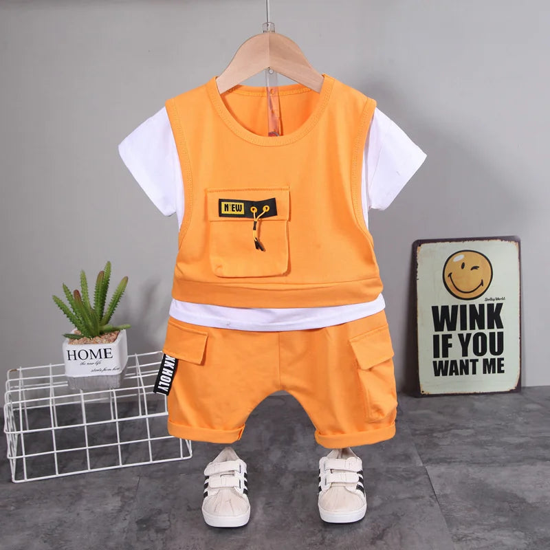 Side view of boys summer casual t-shirt & shorts set