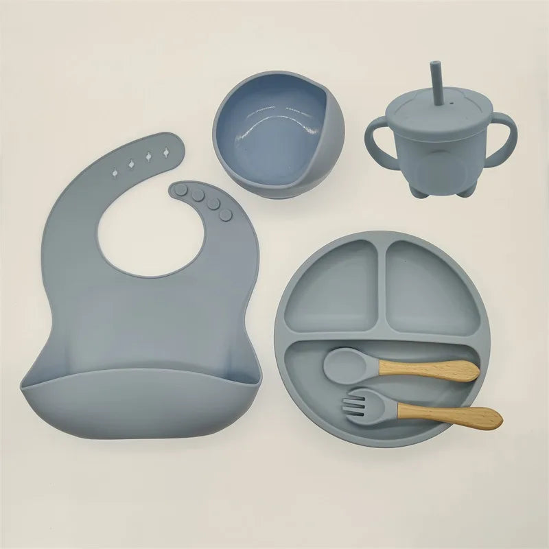 Baby Silicone Tableware Set 8 Piece Suction Bowls Divided Plate Bib Spoon Fork Fall 2025 Self Feeding Aid
