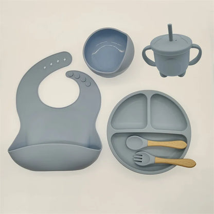 Baby Silicone Tableware Set 8 Piece Suction Bowls Divided Plate Bib Spoon Fork Fall 2025 Self Feeding Aid