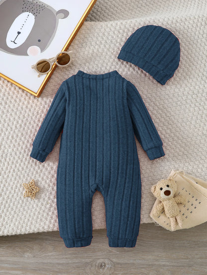 Back view of baby boys red bear badge onesie & hat set
