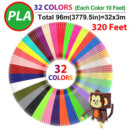 32 Colors 3D Pen Filament 1.75mm PLA, 320 Feet Total for Art Projects