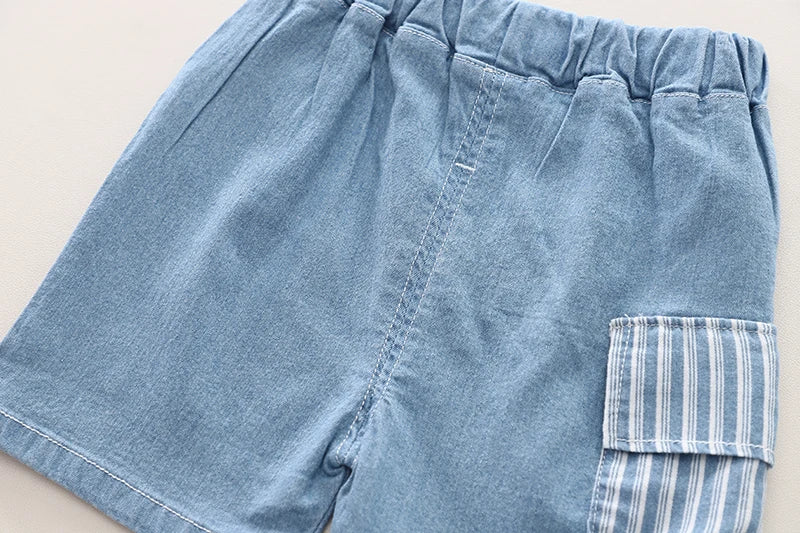 Different viewpoint of the boys striped shirt and denim shorts set - view 5