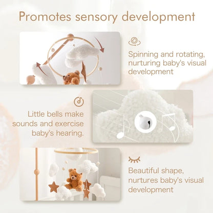 Wooden Crib Mobile Felt Bear Musical Newborn Sensory Toys