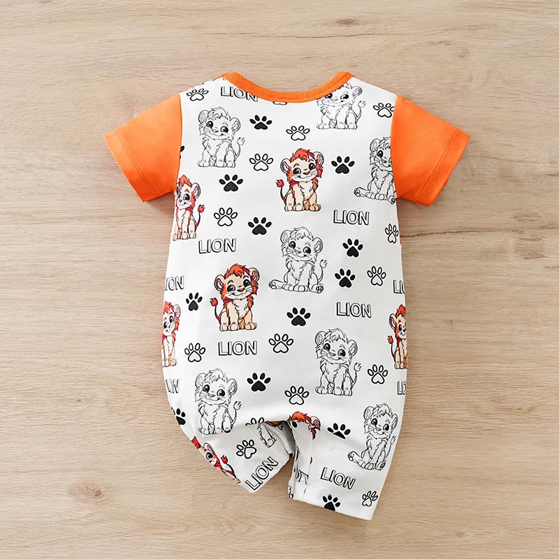 Baby wearing a short-sleeve romper with a lion print and faux two-piece design