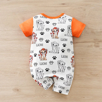 Baby wearing a short-sleeve romper with a lion print and faux two-piece design