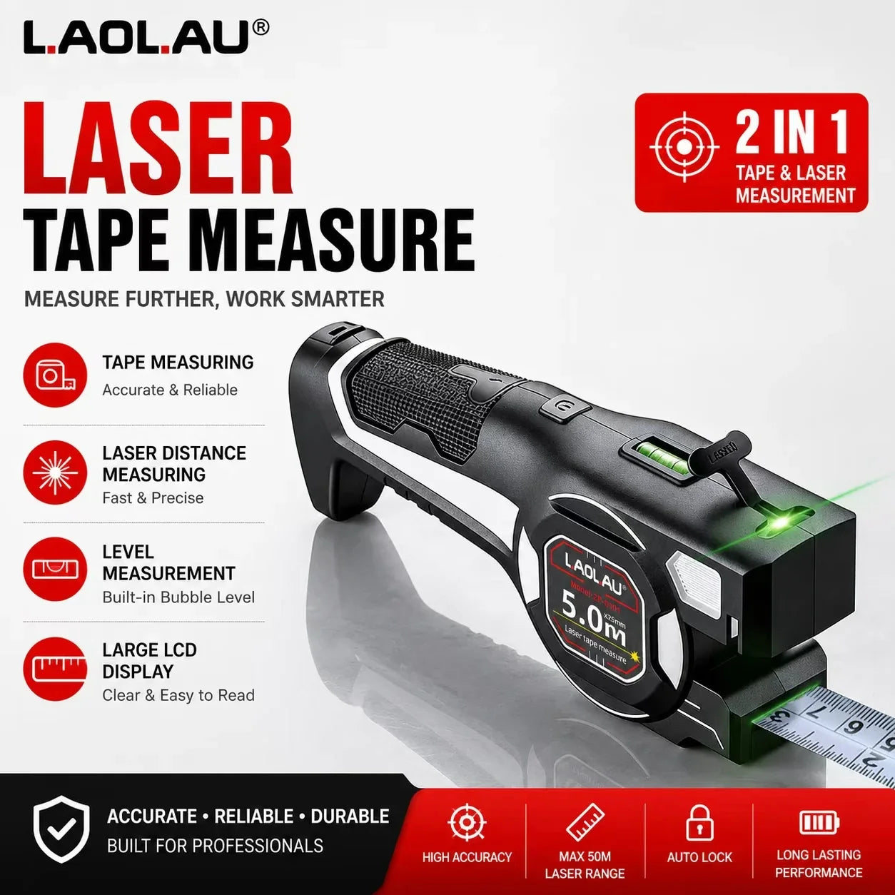 LAOLAU 2-in-1 Laser Tape Measure 5M/16FT – Type-C Rechargeable Class II Laser Auto-Lock Tool 2026