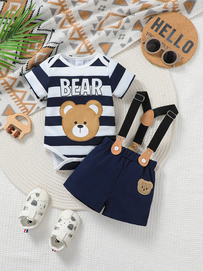 Baby boys two-piece outfit with striped short-sleeve onesie and bear overall shorts
