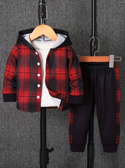 Baby boys long sleeve plaid fleece lined hoodie and colour block trousers set