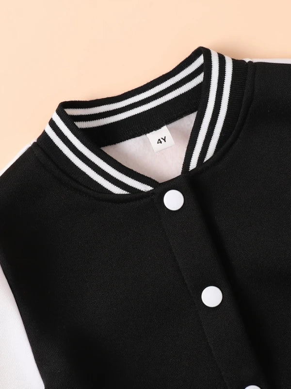 Close up detail of boys varsity letter jacket & sweatpants set