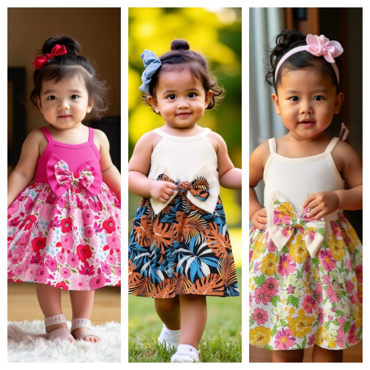 Baby girl wearing a sleeveless floral dress with a bow and matching sun hat