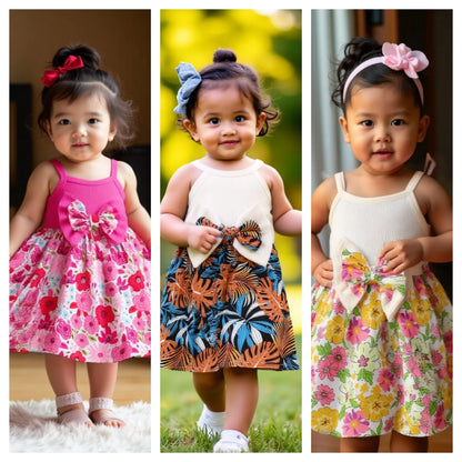 Baby girl wearing a sleeveless floral dress with a bow and matching sun hat