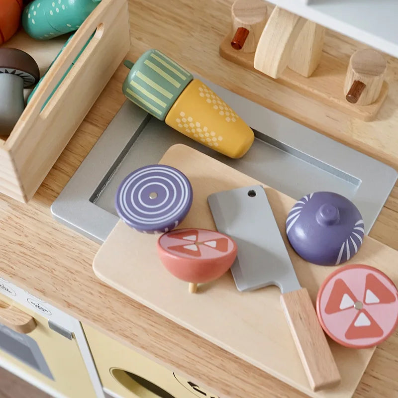 Wooden Kids Kitchen Playset with Cutting Food Accessories - Fruits, Vegetables & Bakery Toys
