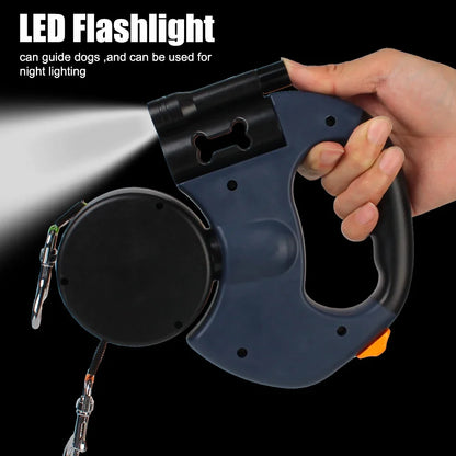 Dual Dog Leash 3m Retractable with Flashlight & Waste Bag Box, Auto-Extend Traction Rope