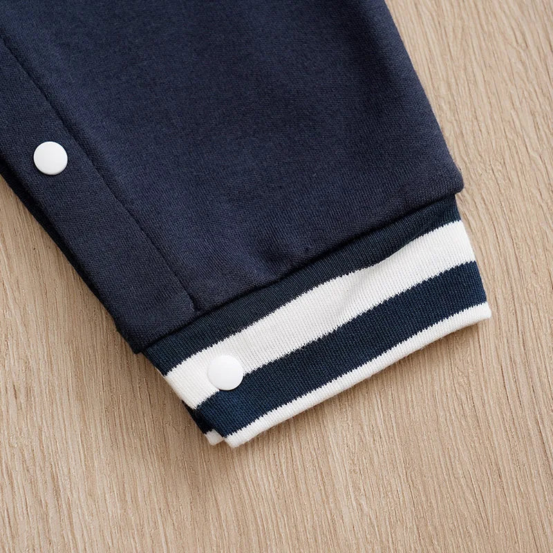 Back or secondary profile shot of the baby boys cotton baseball romper